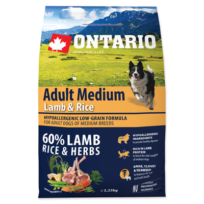 ONTARIO Dog Adult Medium Lamb & Rice + PAMLSEK ONTARIO 70G ZDARMA (2,25Kg)