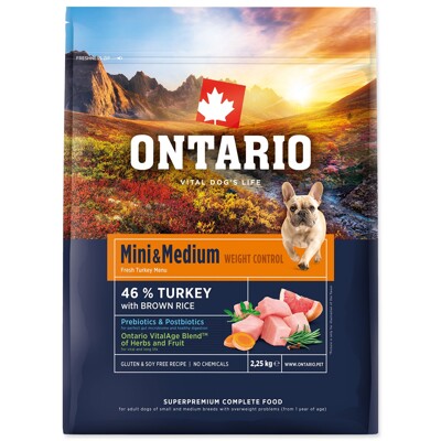 Krmivo Ontario Mini &amp; Medium Weight Control Turkey &amp; Brown Rice 2,25kg