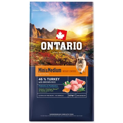 Krmivo Ontario Mini &amp; Medium Weight Control Turkey &amp; Brown Rice 6,5kg